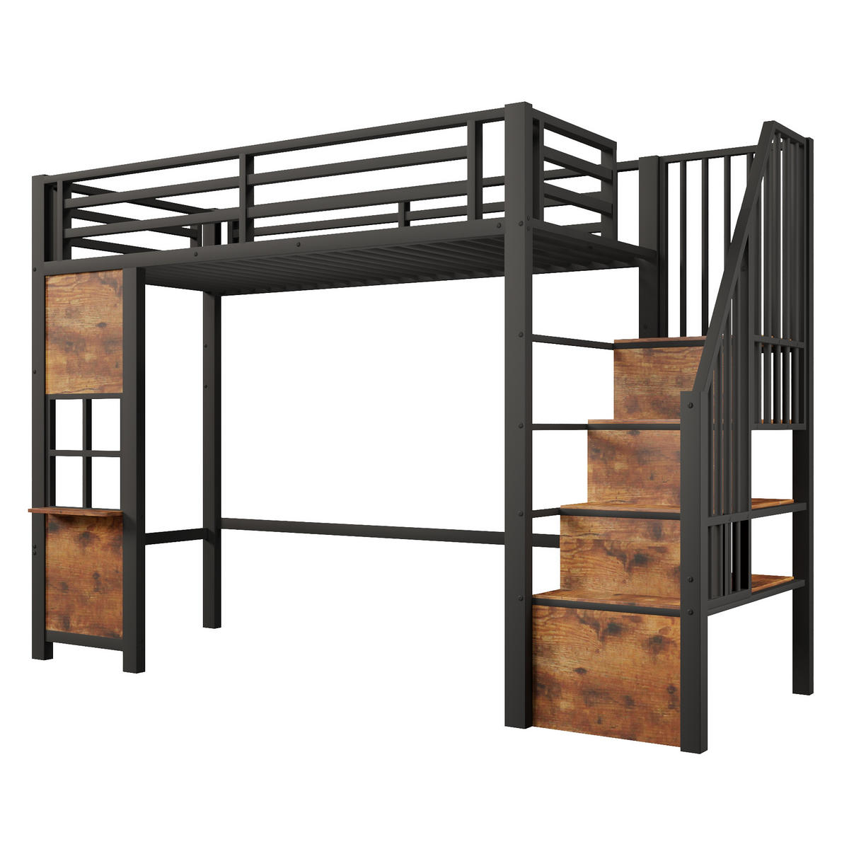 HOCHBETT 90/200 cm Schwarz mit Stauraumtreppe und offener Stauraum - Schwarz, Metall (90/200cm) - Oxeza