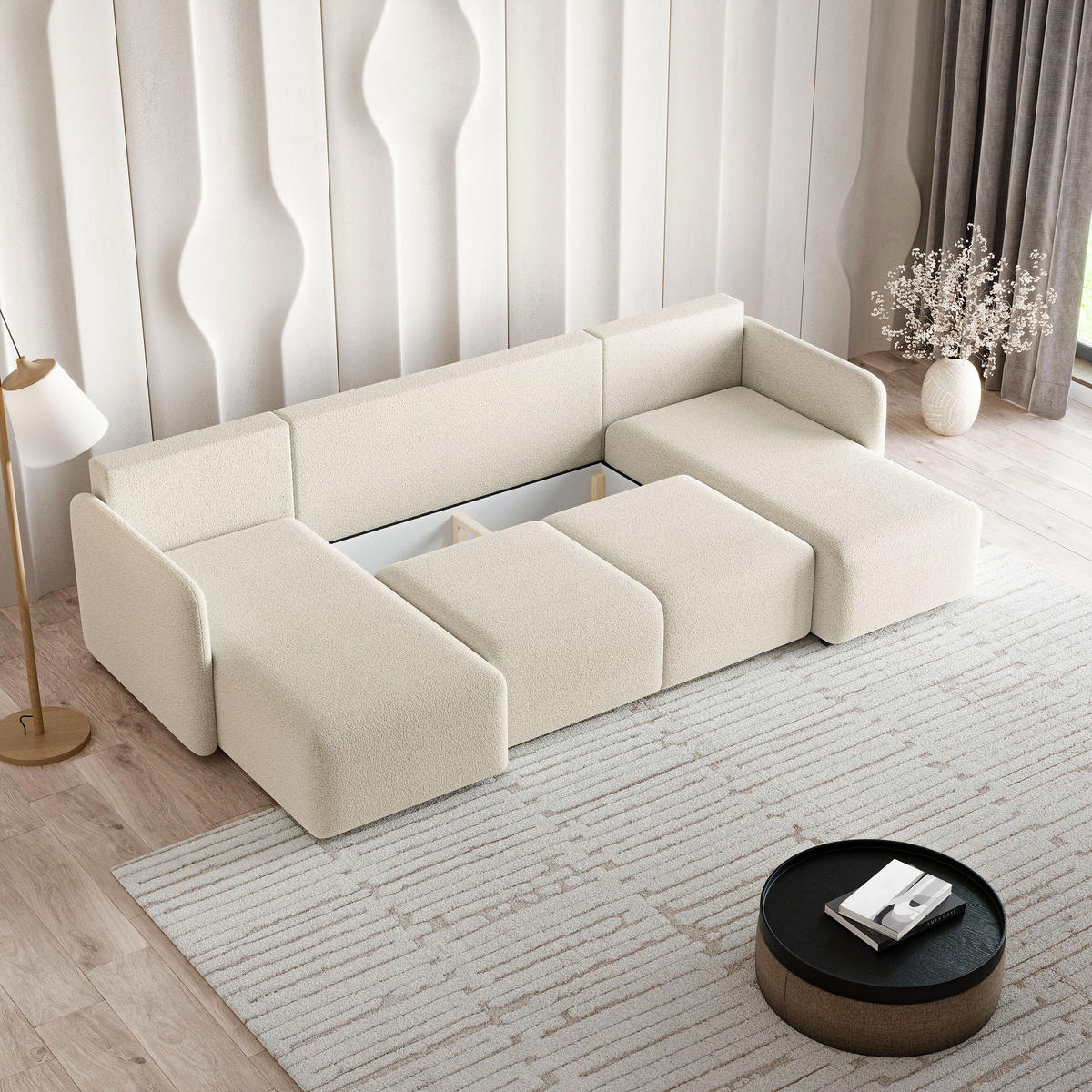 WOHNLANDSCHAFT NUBERO Creme Boucle-Stoff mit Schlaffunktion - Creme, Holz (285/85/143cm) - MASSENO