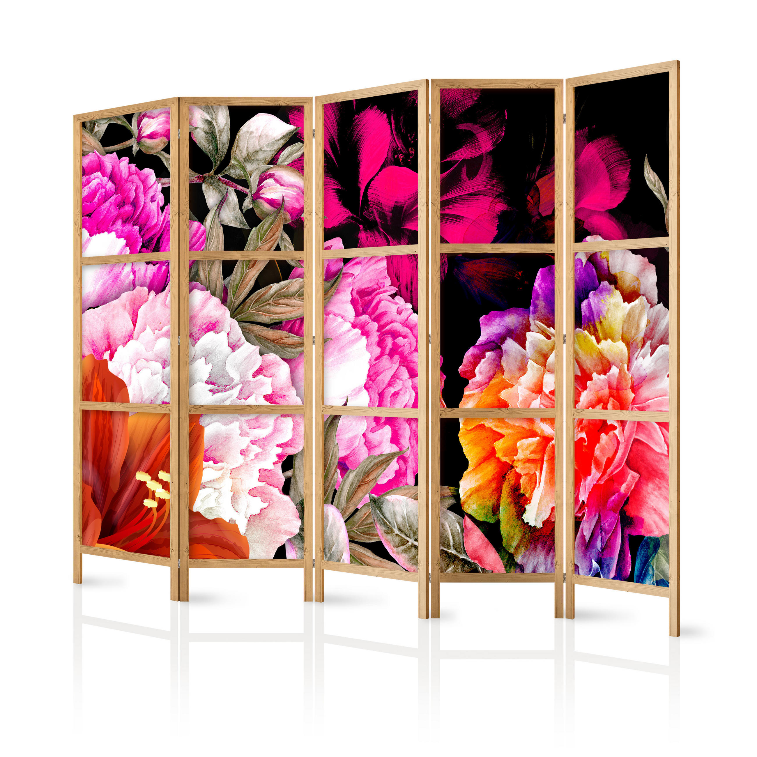 PARAVENT Japanischer 5-tlg 225x172 cm Bunte Blumen - Multicolor, Holz/Textil (225/172/3cm) - Muralo