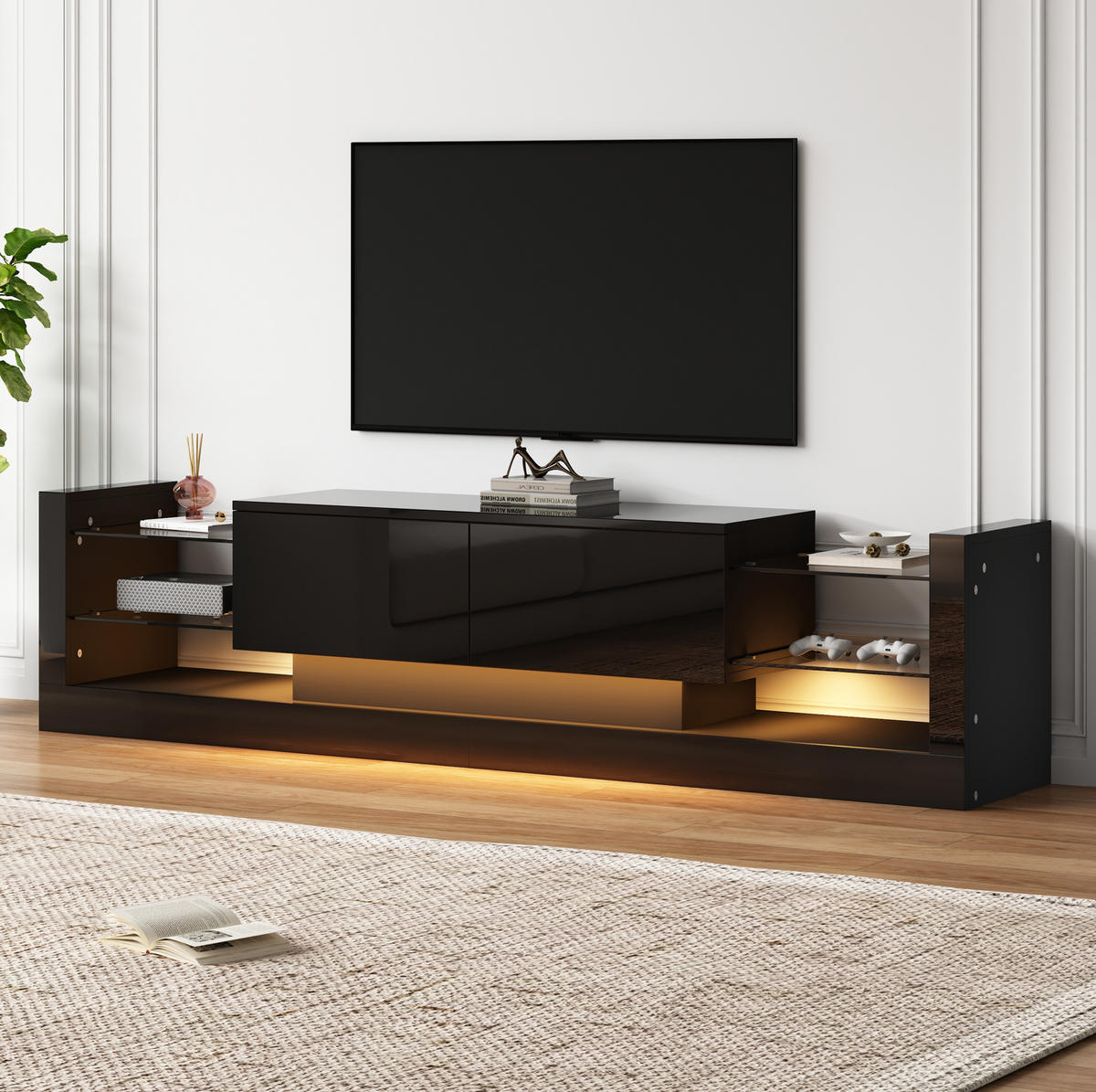 TV-SCHRANK aus Spanplatte 181x38x38 cm Schwarz mit LED-Beleuchtung, Glasfront und 2 Klappfächern - Schwarz, Holzwerkstoff (181/38/38cm) - Modfu