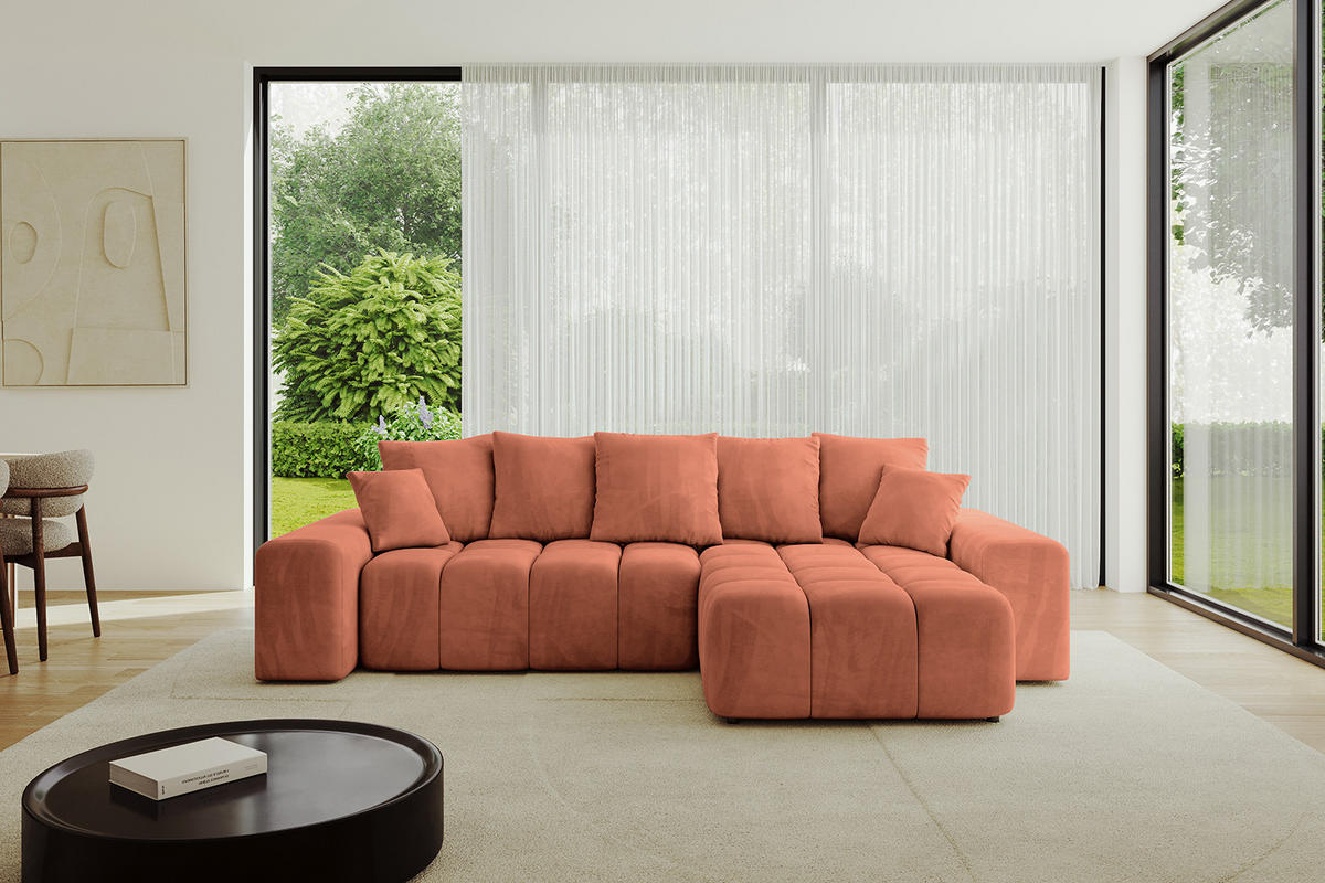 ECKSOFA Ottomane rechts ENIL-L 297x189x68 Koralle Velours - Koralle, Holzwerkstoff/Kunststoff (189/297cm) - ALTDECOR