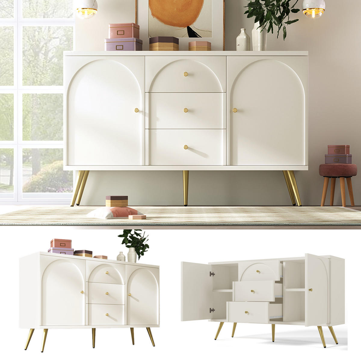 KOMMODE mit 2 Türen, 3 Schubladen und verstellbaren Einlegeböden, 140 x 84 x 40 cm, Cremeweiß, Holz und Metall - Creme, Holzwerkstoff (140/40/84cm) - SONNENH