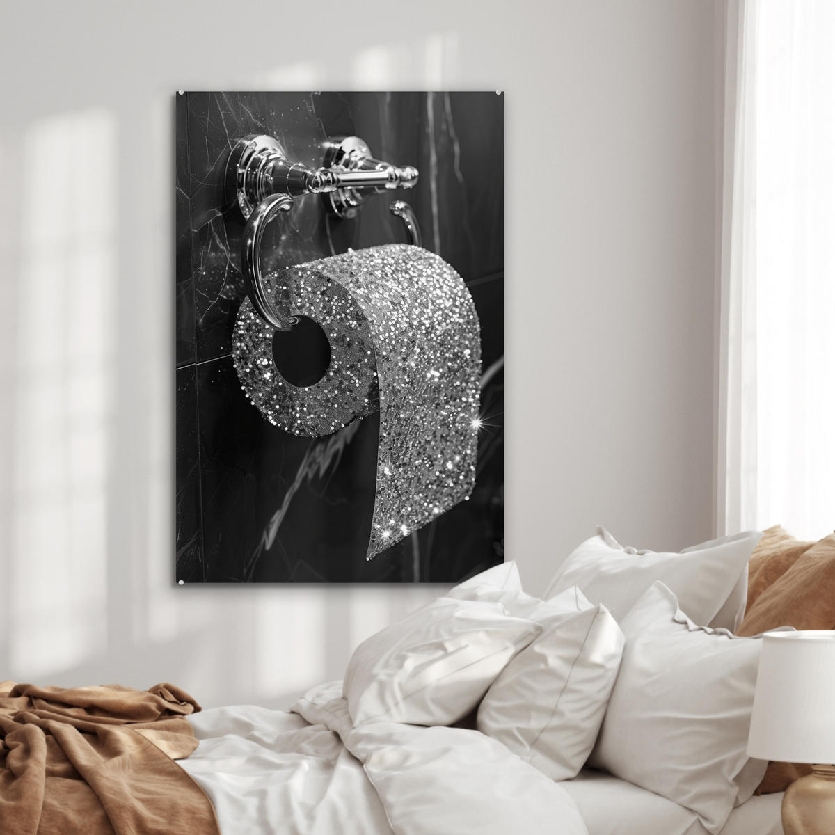 ACRYLGLASBILD WC - Toilettenpapier - Schwarz und weiß - Glitter 60x90 cm - Silberfarben, Glas (60/90cm) - MuchoWow