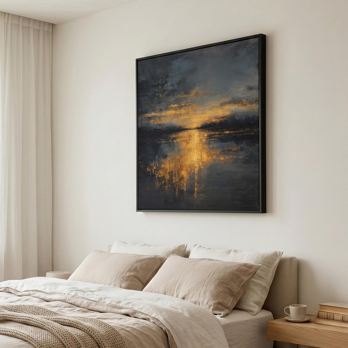 LEINWAND Bilder mit Rahmen - Goldene Reflexion auf dem Wasser - 90x90 - Anthrazit, Textil (90/90cm) - MuchoWow