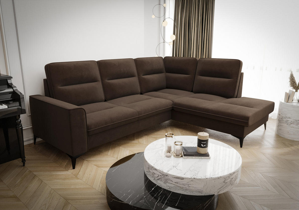 ECKSOFA KONGO RBN14, Eckcouch in L-Form mit Schlaffunktion, Farbe: Dunkelbraun, Velourstoff, Ottomane Rechts - Dunkelbraun, Textil (260/200cm) - O-Sofa