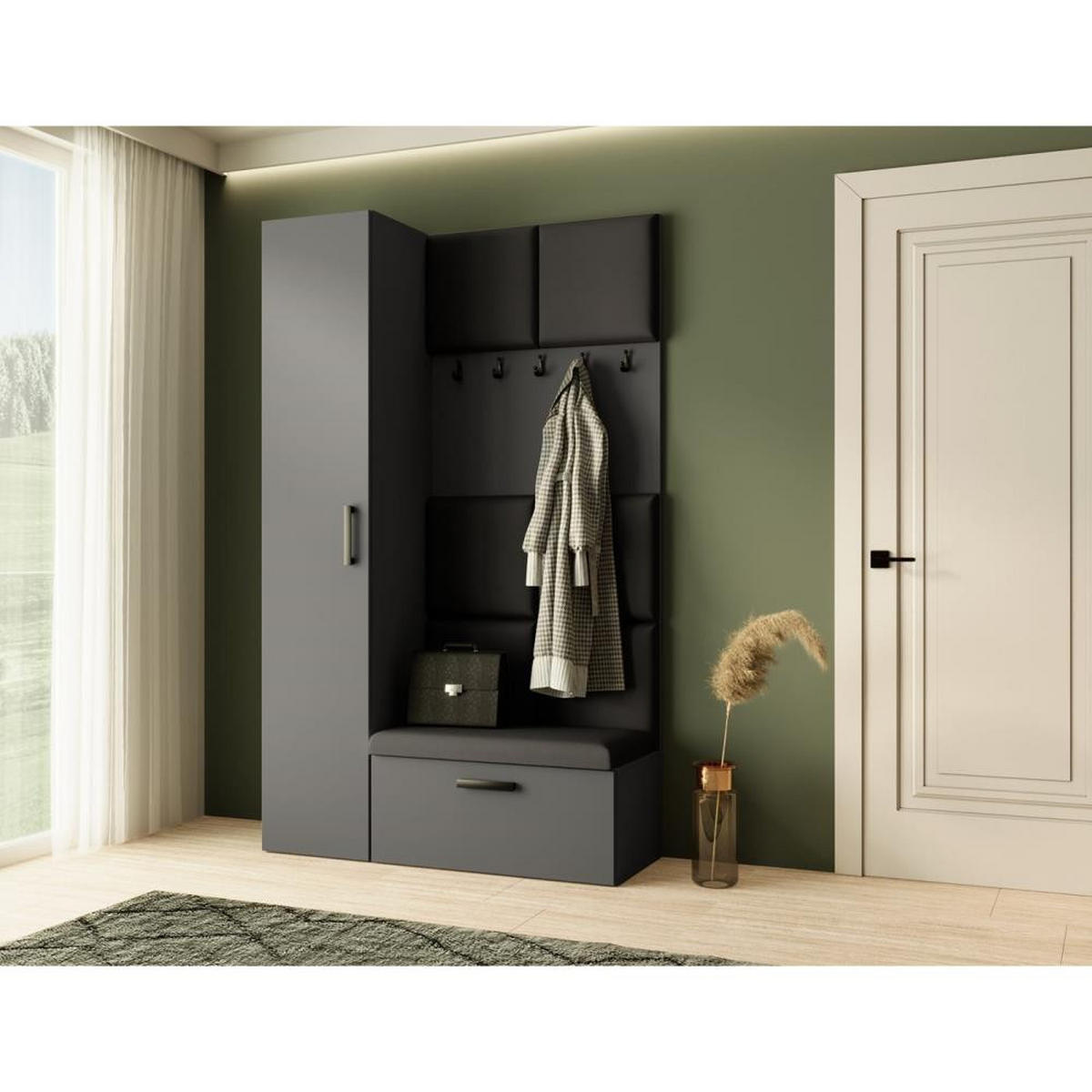 GARDEROBE Margaret I+IV 121/203/43 mit gepolsterten Paneelen - Schwarz/Graphitfarben, Holzwerkstoff/Kunststoff (121/203/43cm) - Beautysofa