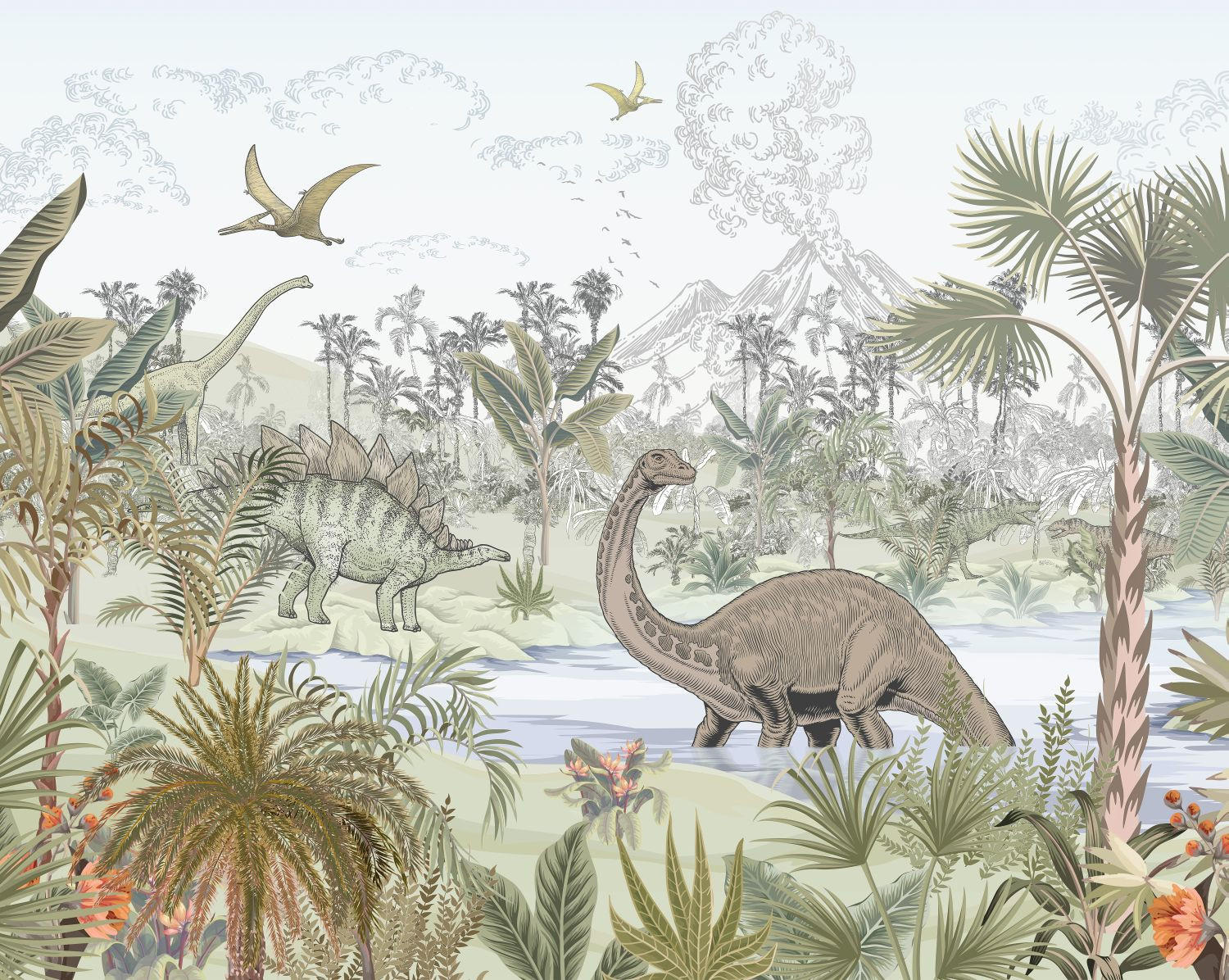 FOTOTAPETE Dinosaurier 350 x 279 cm - Grün, Papier (350/279cm) - Sanders & Sanders
