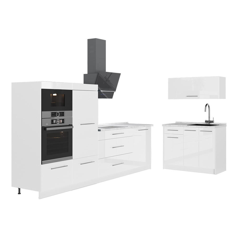 KÜCHENZEILE Fame-Line, Weiß Hochglanz/Weiß, 380 cm, AP Marmor - Weiß Hochglanz/Weiß, Holzwerkstoff (380/153.6/60cm) - Vicco