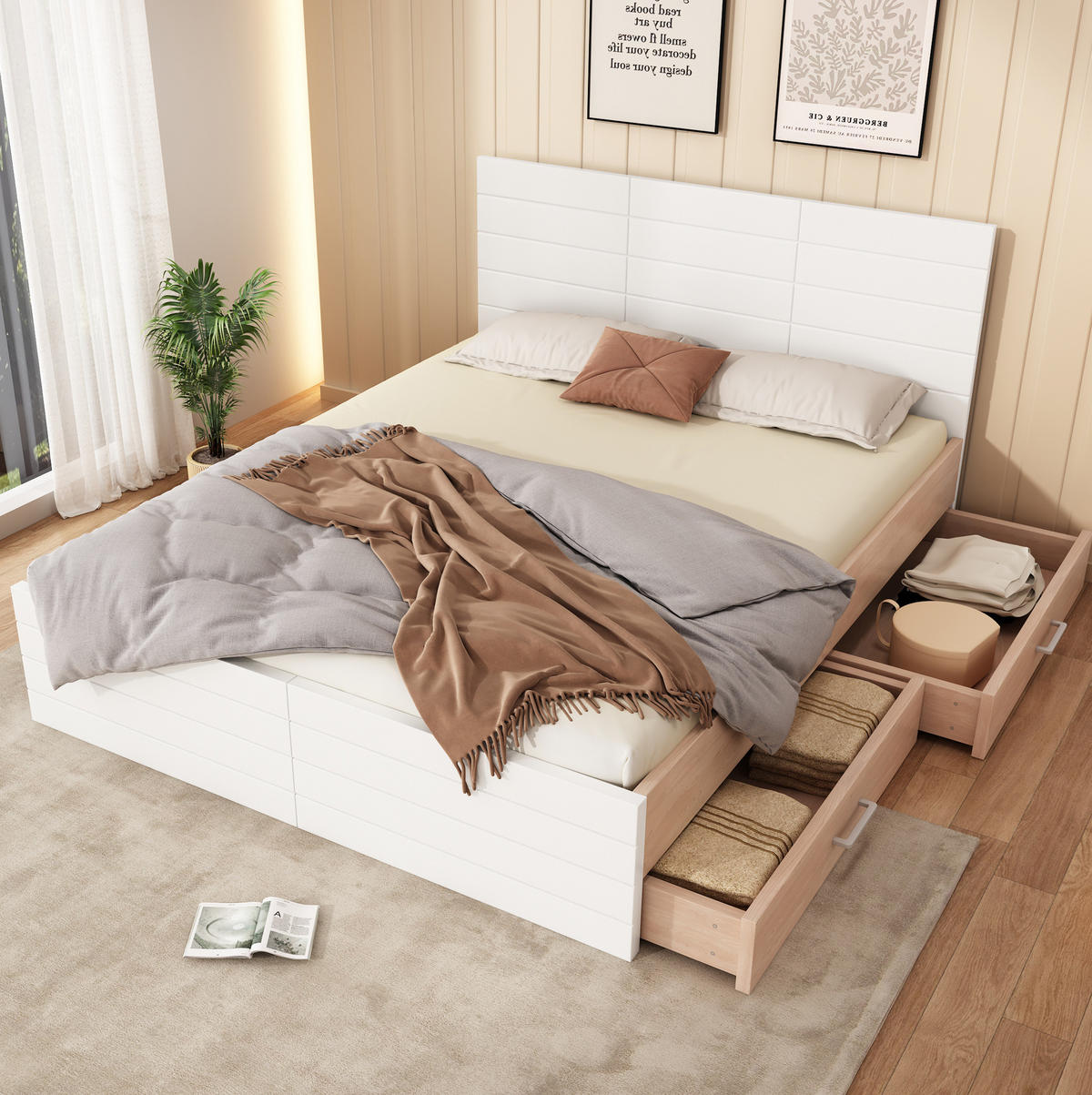 DOPPELBETT 140/200 cm Weiß und Eiche mit 2 Schubladen und Lattenrost - Weiß, Holzwerkstoff (140/200cm) - OKWISH