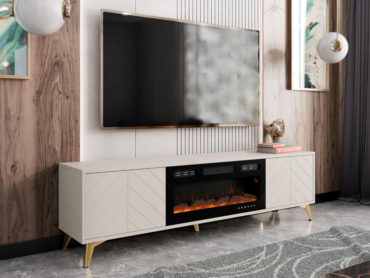 TV-LOWBOARD Xylx 2D EF mit Elektrische Kamin - Beige/Goldfarben, Holzwerkstoff/Metall (184/53/40cm) - MIRJAN24