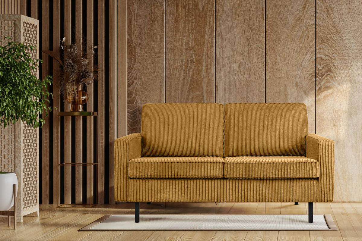 2-SITZER-SOFA INVIA Klassische-Stil mit Armlehnen, Feinkord-Stoff, Gelb - Gelb/Schwarz, Textil (164/87/98cm) - KONSIMO®