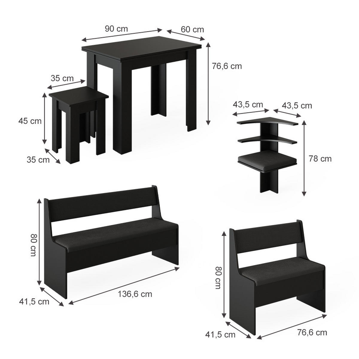 ECKBANKGRUPPE Roman Schwarz 120 x 41.5 cm mit Tisch - Schwarz Hochglanz/Schwarz, Holzwerkstoff (180/80/120cm) - Vicco