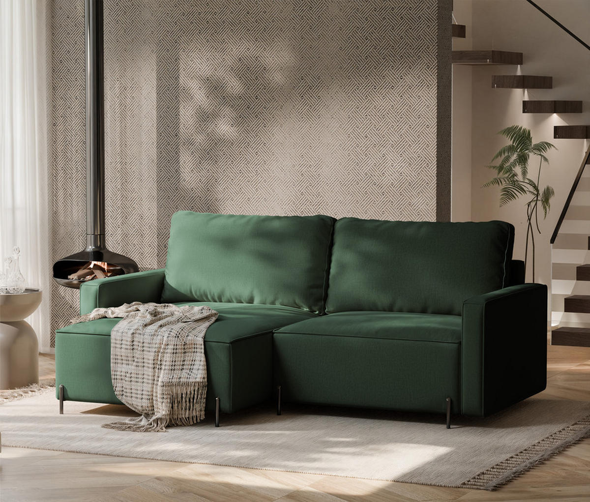ECKSOFA LEO Links, mit Schlaffunktion und Bettkasten, Grün - Grün, Textil/Metall (229/148cm) - Idohome