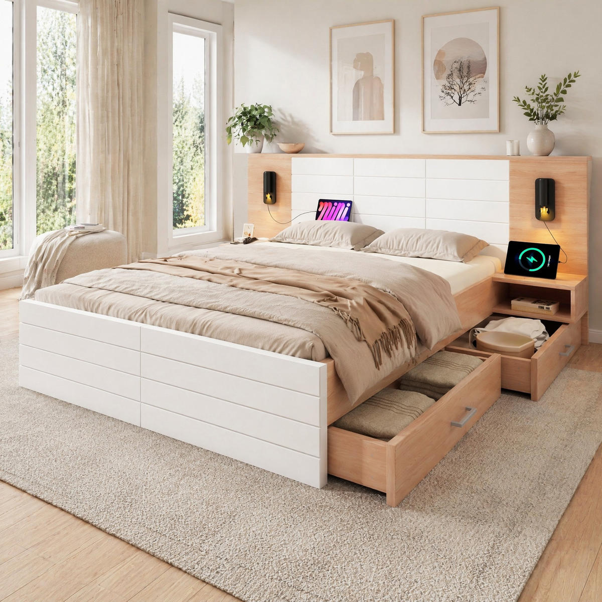 BETT 180/200 mit 2 Schubladen, USB und Leselicht in Eiche/Weiß - Eichefarben/Weiß, Holzwerkstoff (180/200cm) - EVRYAE