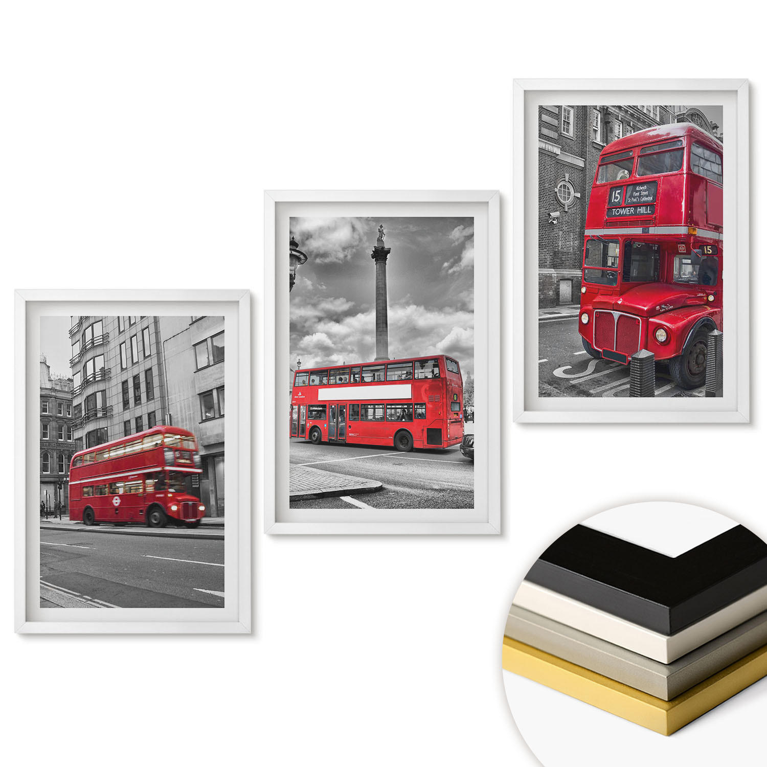 WANDBILDER 3er-Set - 40x60 cm Weißer Rahmen - Rote Busse in London - Weiß, Kunststoff (40/60cm) - ArtPrintCave