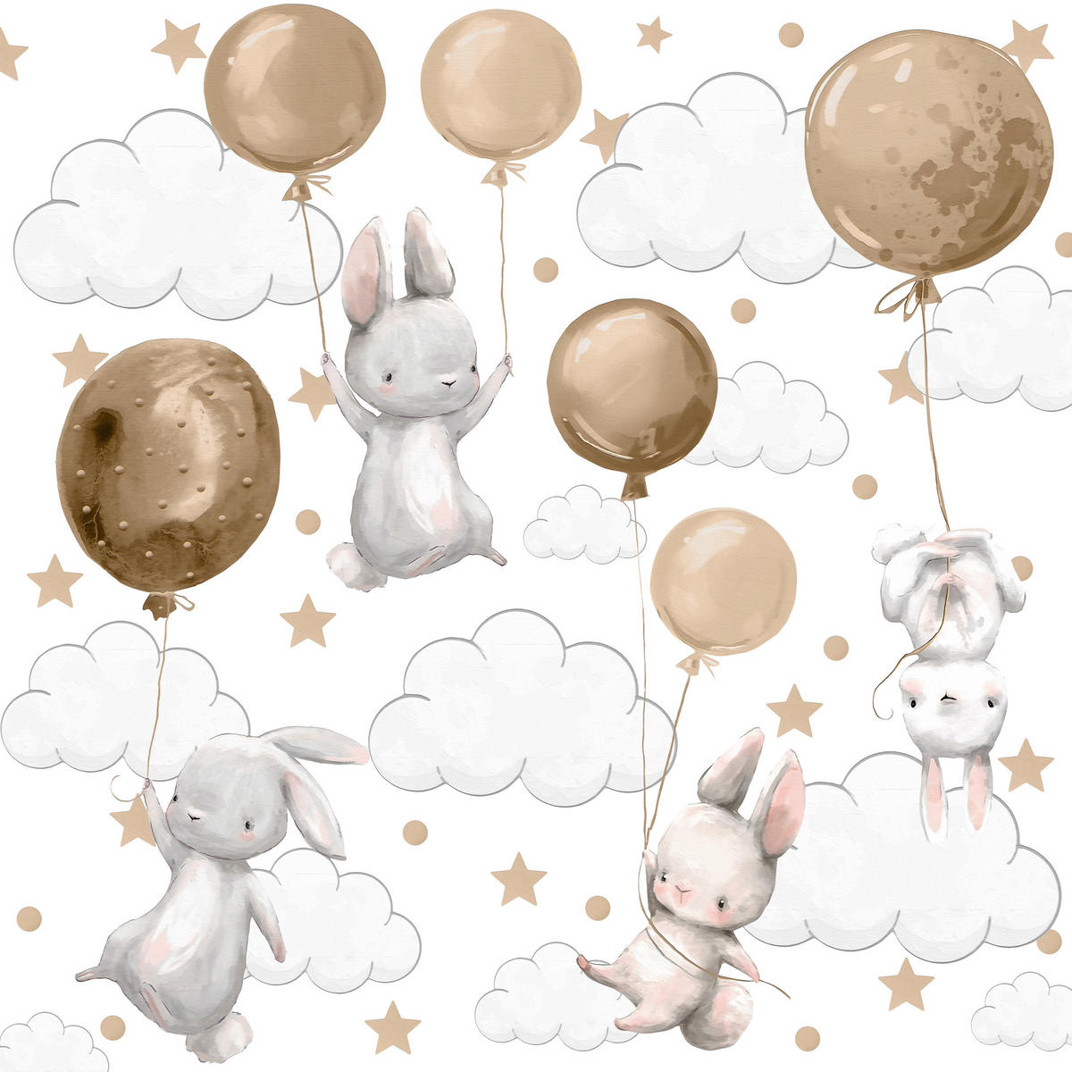 WANDAUFKLEBER SET Hasen Ballons Wolken Sterne 120x60 - Beige/Braun, Papier (120/60/1cm) - Muralo