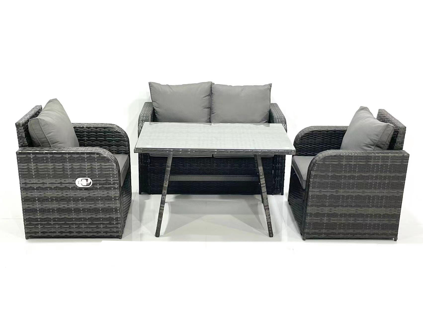 LOUNGESOFA SET mit Stuhl Polyrattan 4-Sitzer - Dunkelgrau/Grau, Glas/Kunststoff - Fimous