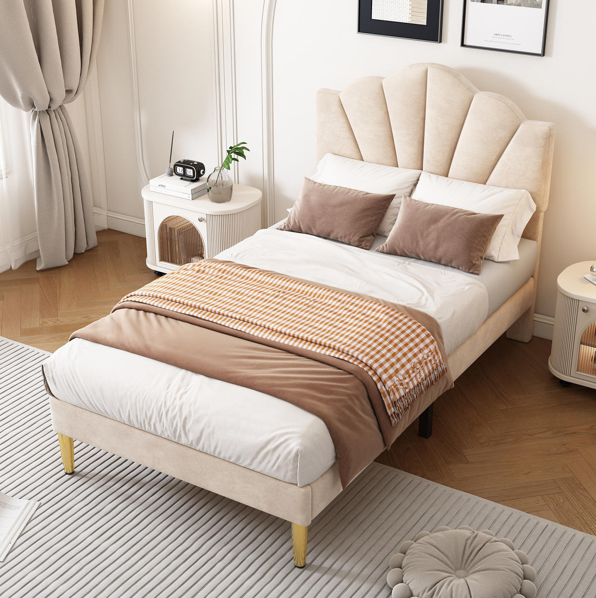 POLSTERBETT 90/200 cm mit verstellbarem Kopfteil, Samtbezug und Polsterbank mit Stauraum, Beige - Beige, Textil (90/200cm) - Redom
