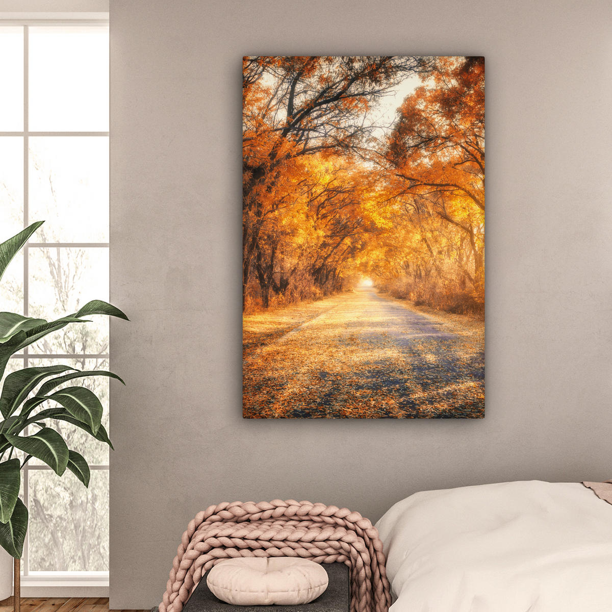 LEINWANDBILD Wald - Herbst - Bäume - Waldweg - Natur 80x120 cm - Bernsteinfarben, Textil (80/120cm) - MuchoWow