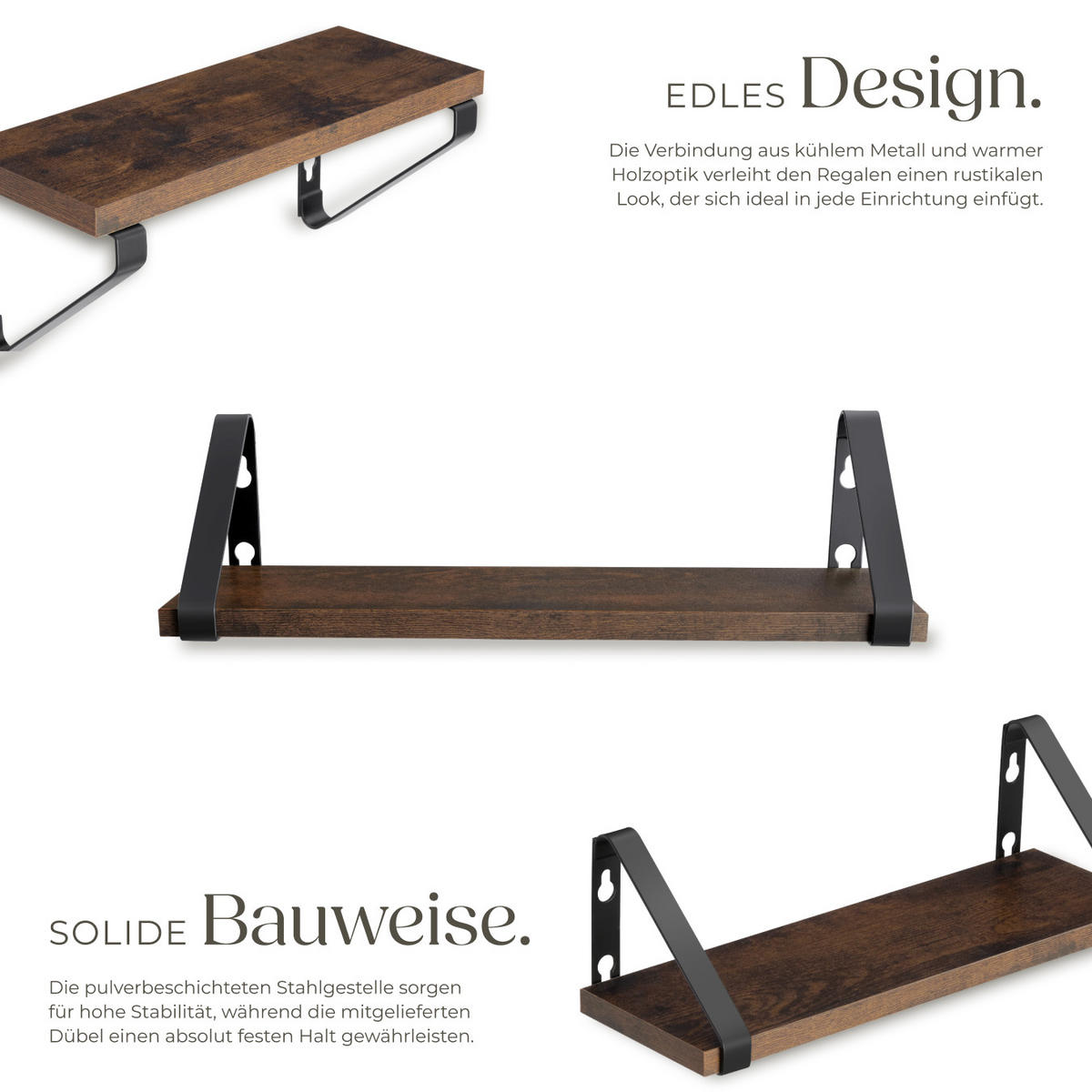 WANDREGAL 3er Set Cowell,Höhe 12 cm, Industrial Holz dunkel, rustikal - Rostfarben, Holzwerkstoff (12/12/40cm) - tectake