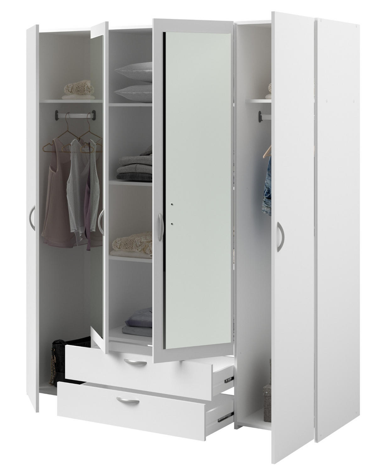KLEIDERSCHRANK mit Spiegel weiß 160 cm Drehtürenschrank 4-türig - Silberfarben/Weiß, Holzwerkstoff/Kunststoff (160/185/185cm) - Furn.Design