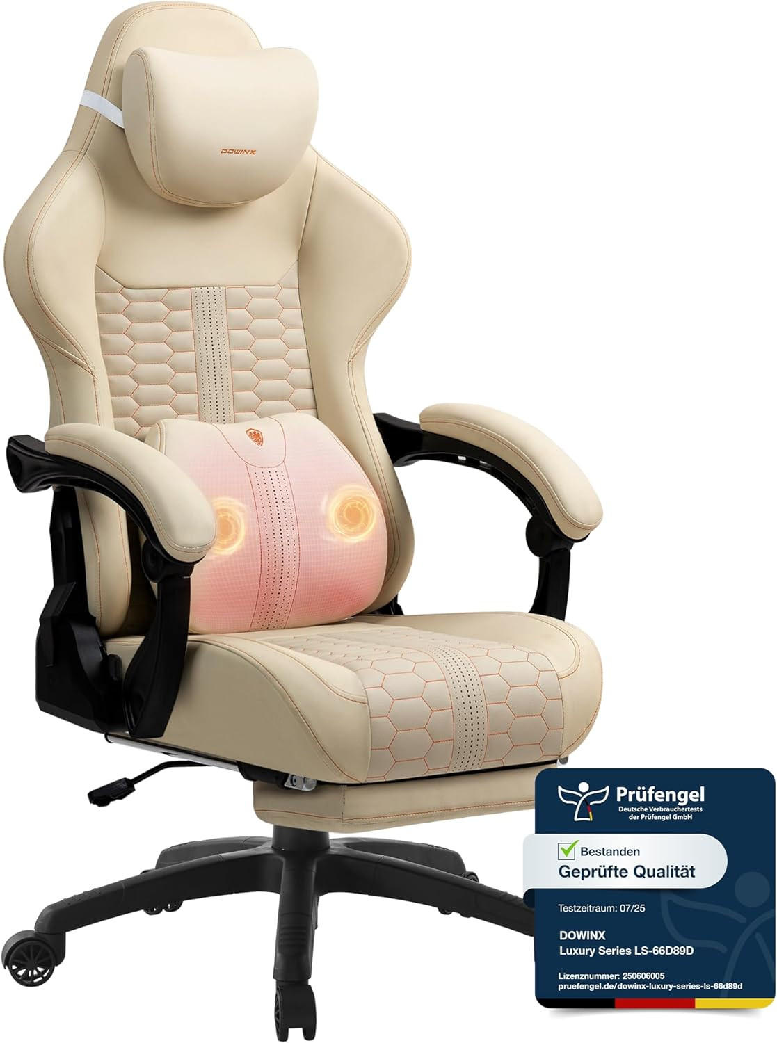 GAMING-STUHL & hoher Rückenlehne, Massagefunktion PU-Leder - Weiß, Leder (61/117/61cm)