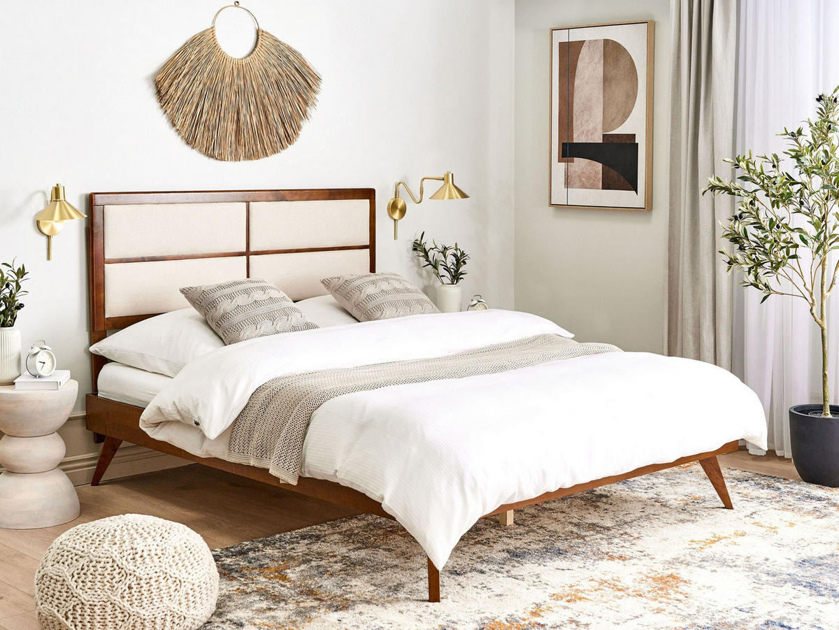 BETT mit Lattenrost 160/200 cm Dunkelbraun Poissy - Dunkelbraun/Beige, Holzwerkstoff (160/200cm) - Beliani