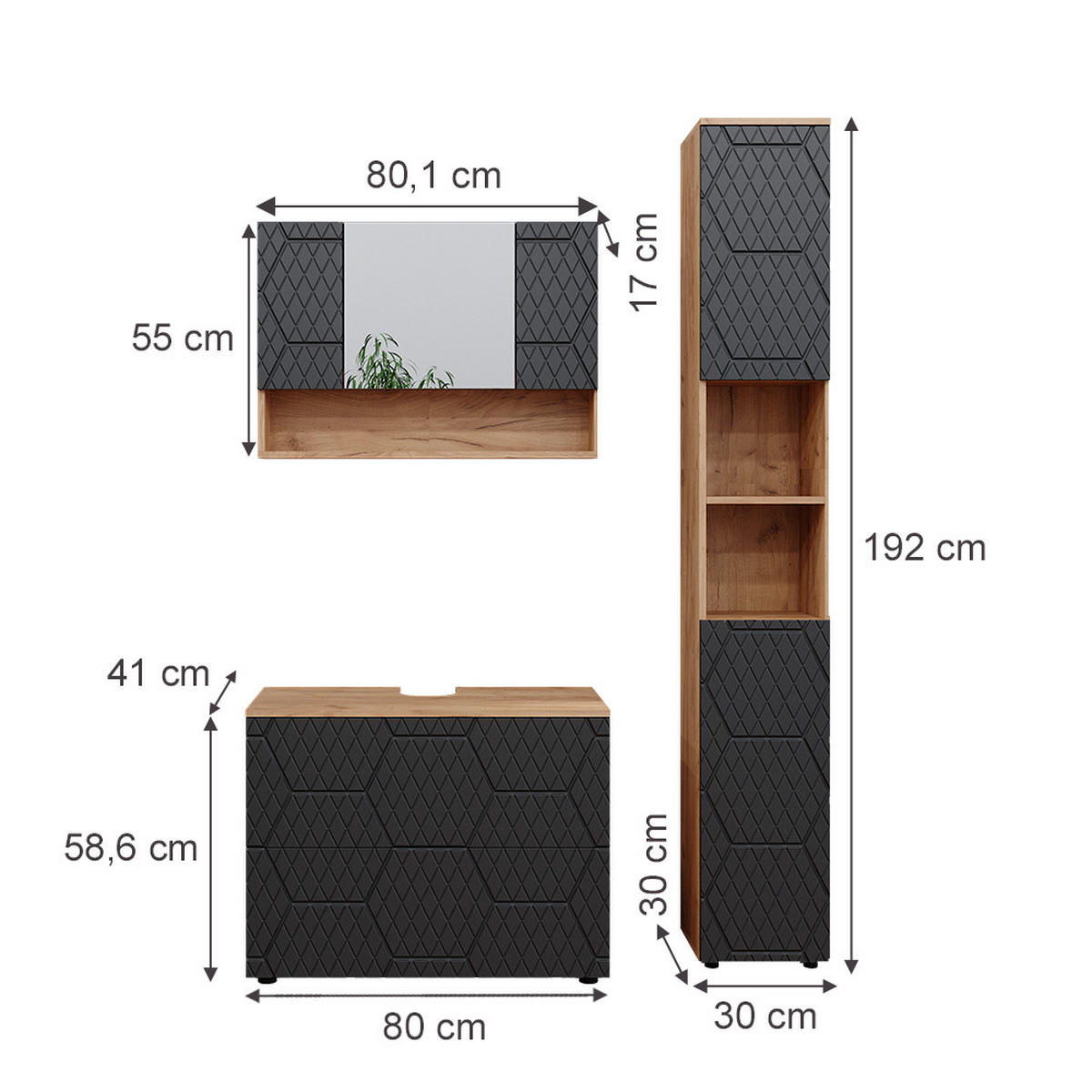 BADMÖBEL-SET Irma Anthrazit gestreift 3 Teile mit Spiegelschrank 80 cm - Honigeiche/Anthrazit, Holzwerkstoff (80/58.6/41cm) - Vicco