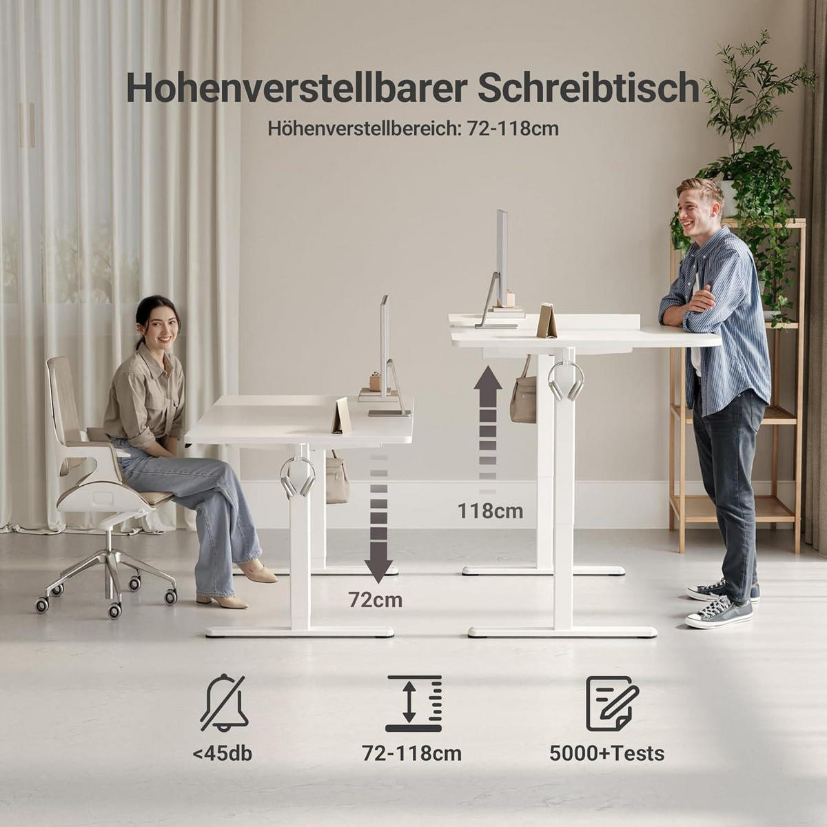 SCHREIBTISCH elektrisch höhenverstellbar 160 x 80 cm Weiß mit Memory-Funktion - Weiß, Kunststoff (70/140/75cm)