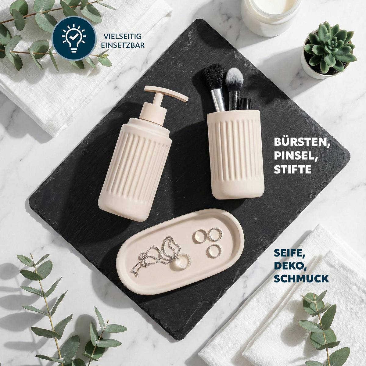 BAD-ACCESSOIRES-SET CASCINA, Soft-Touch, beige - Beige, Keramik (7/18/7cm) - eluno