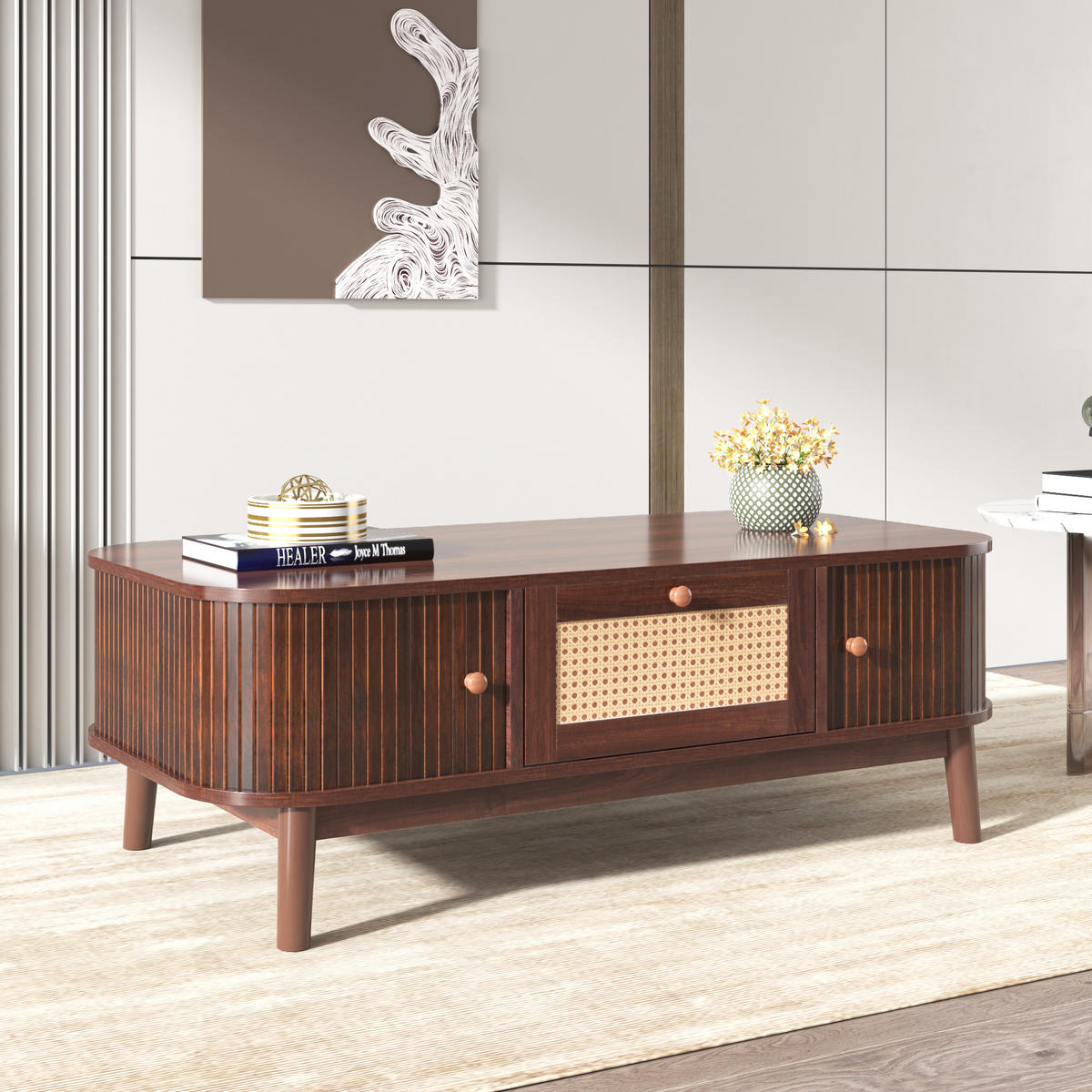 COUCHTISCH mit Rattan-Optik, Schubladen & Schiebetüren, MDF-Korpus, Massivholzbeine, 110/55/38,5 cm,Naturfarben - Naturfarben, Holzwerkstoff (55/110/38.5cm) - Redom