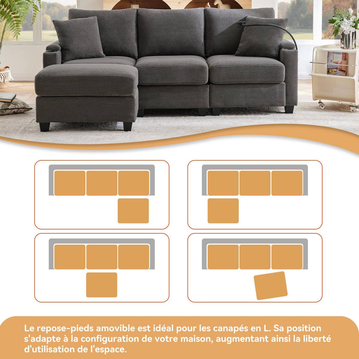 SOFA in L-Form mit Hocker USB-Ablage 213,5 x 139 cm Cord Dunkelgrau - Dunkelgrau, Textil (213.5/139cm) - IVMEU