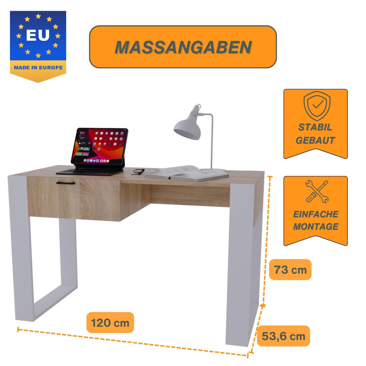 SCHREIBTISCH Sonoma Eiche 120/73/53,6 cm - Weiß/Sonoma Eiche, Holzwerkstoff (53.6/120/73cm) - CraftPAK
