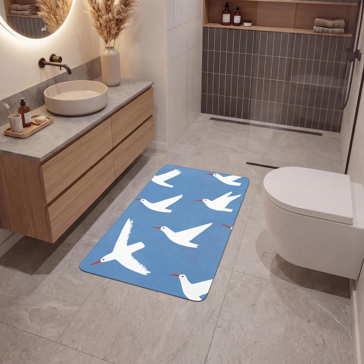BADEMATTE Vögel - Weiß - Muster 60x90 cm - Blau, Kunststoff/Textil (60/90cm)