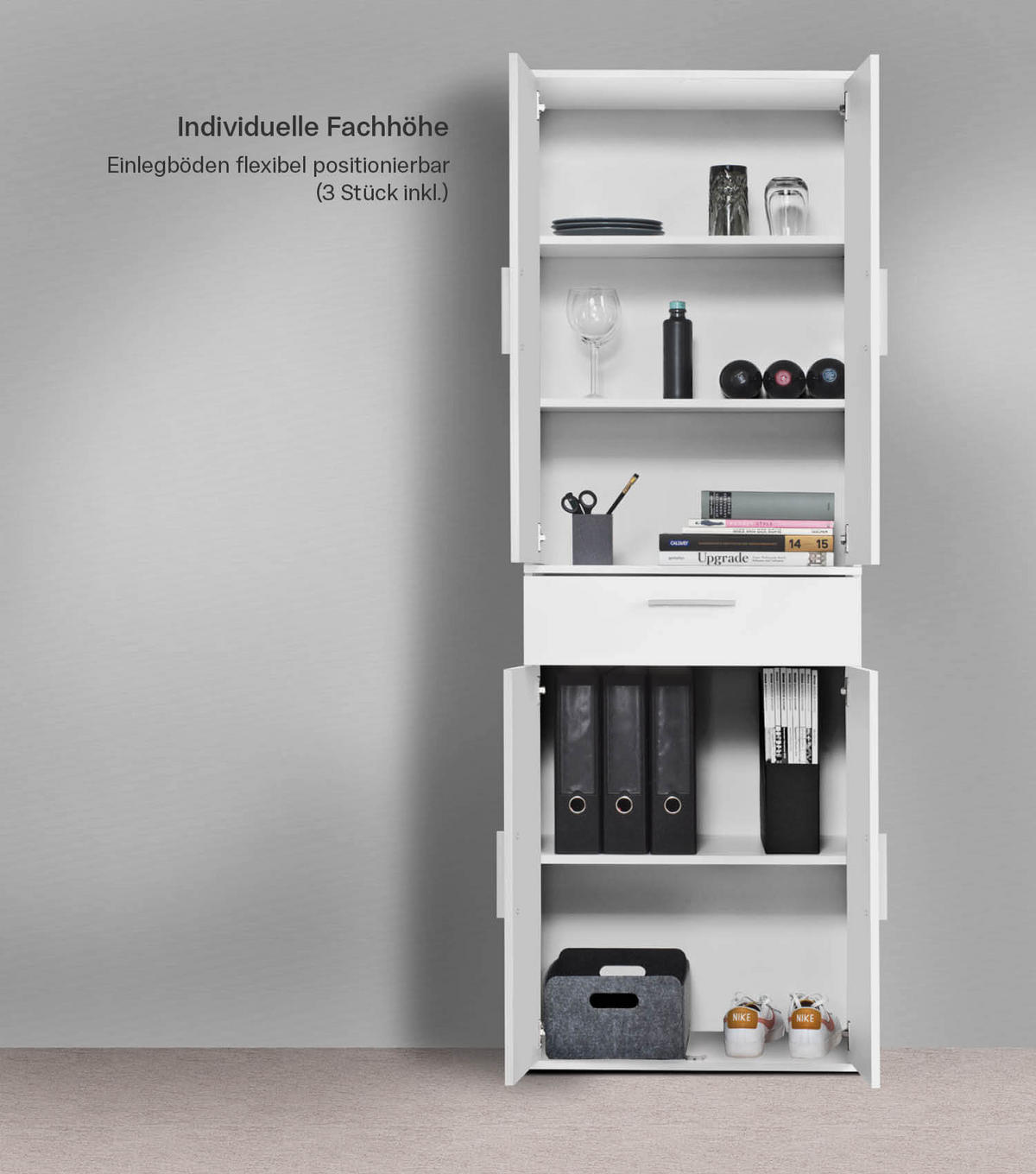 MEHRZWECKSCHRANK SET Der Allzweckwaffe - Silberfarben/Weiß, Holzwerkstoff (60/180/34cm) - Mokebo