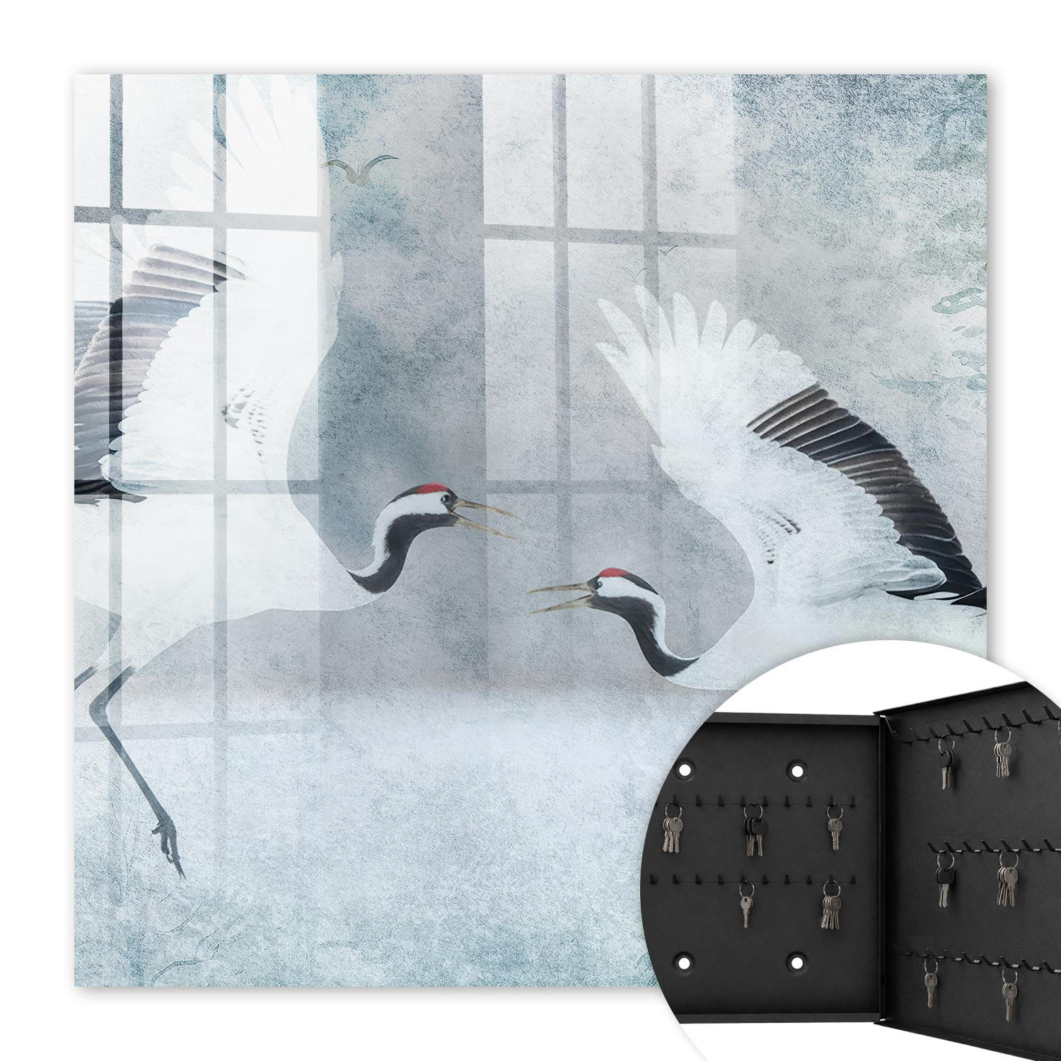 SCHLÜSSELBOX Schwarz 30x30 cm- Türöffnung nach rechts - Kraniche im Flug - Weiß, Metall (30/30/5cm) - TULUP