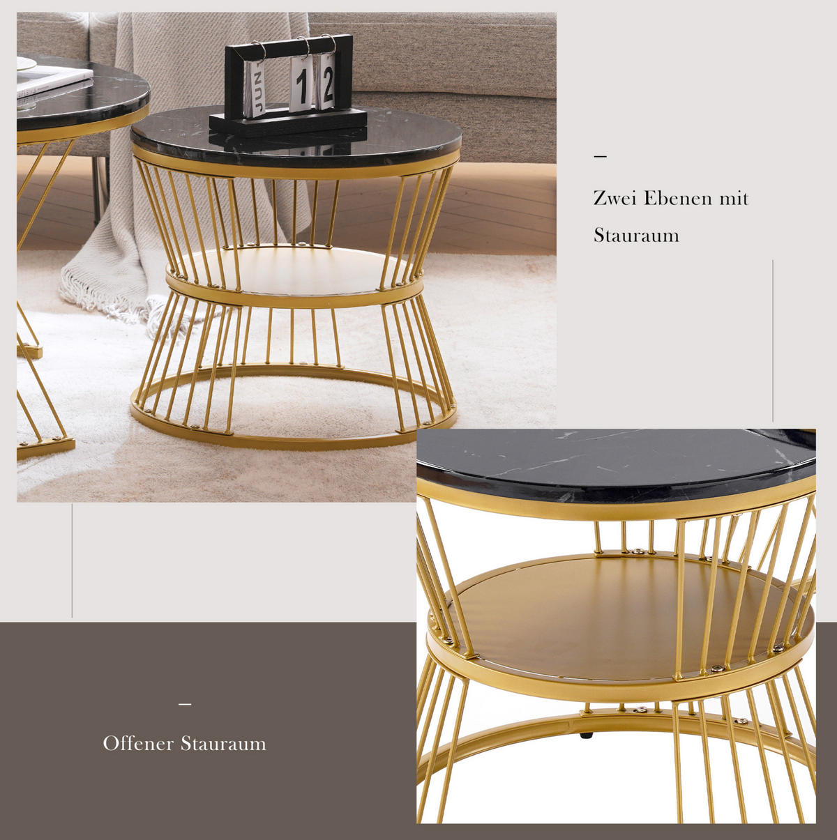 COUCHTISCH-SET 70/70/47 und 45/45/40 cm, rund ineinanderschiebbar mit Hochglanz-Oberfläche und Metallgestell, Schwarz/Gold - Schwarz, Holzwerkstoff (70/70/45cm) - Redom