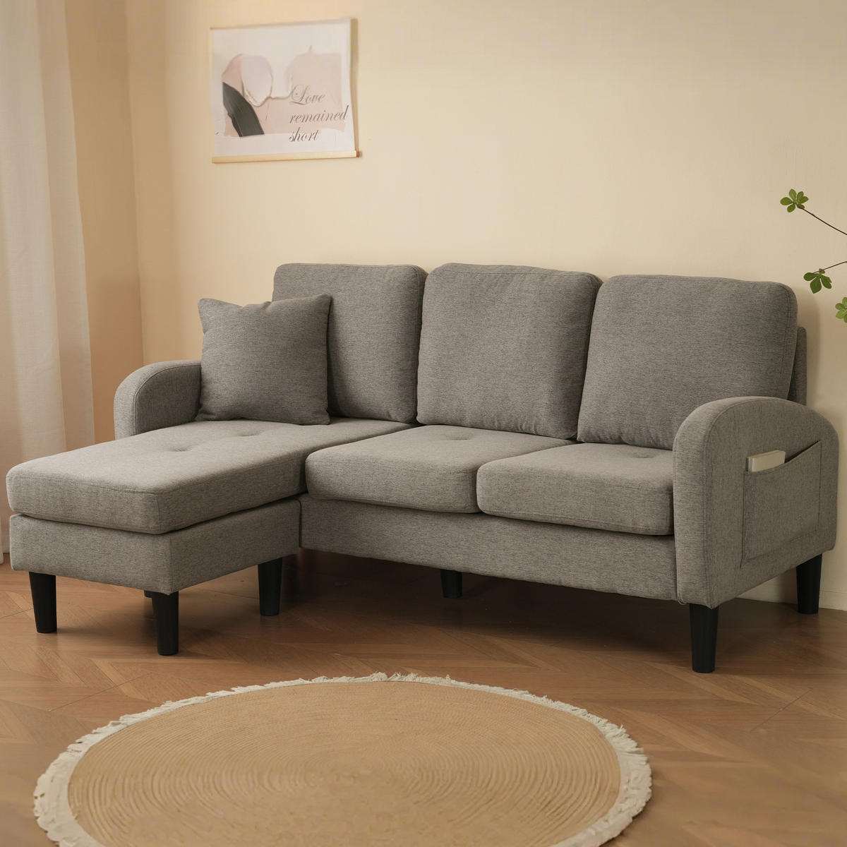 ECKSOFA 3-Sitzer Sofa, Rückenkissen, Schlaffunktion, Baumwoll-Leinenstoff, 166 x 118 x 77 cm - Dunkelgrau, Textil (118/166cm) - Kaket