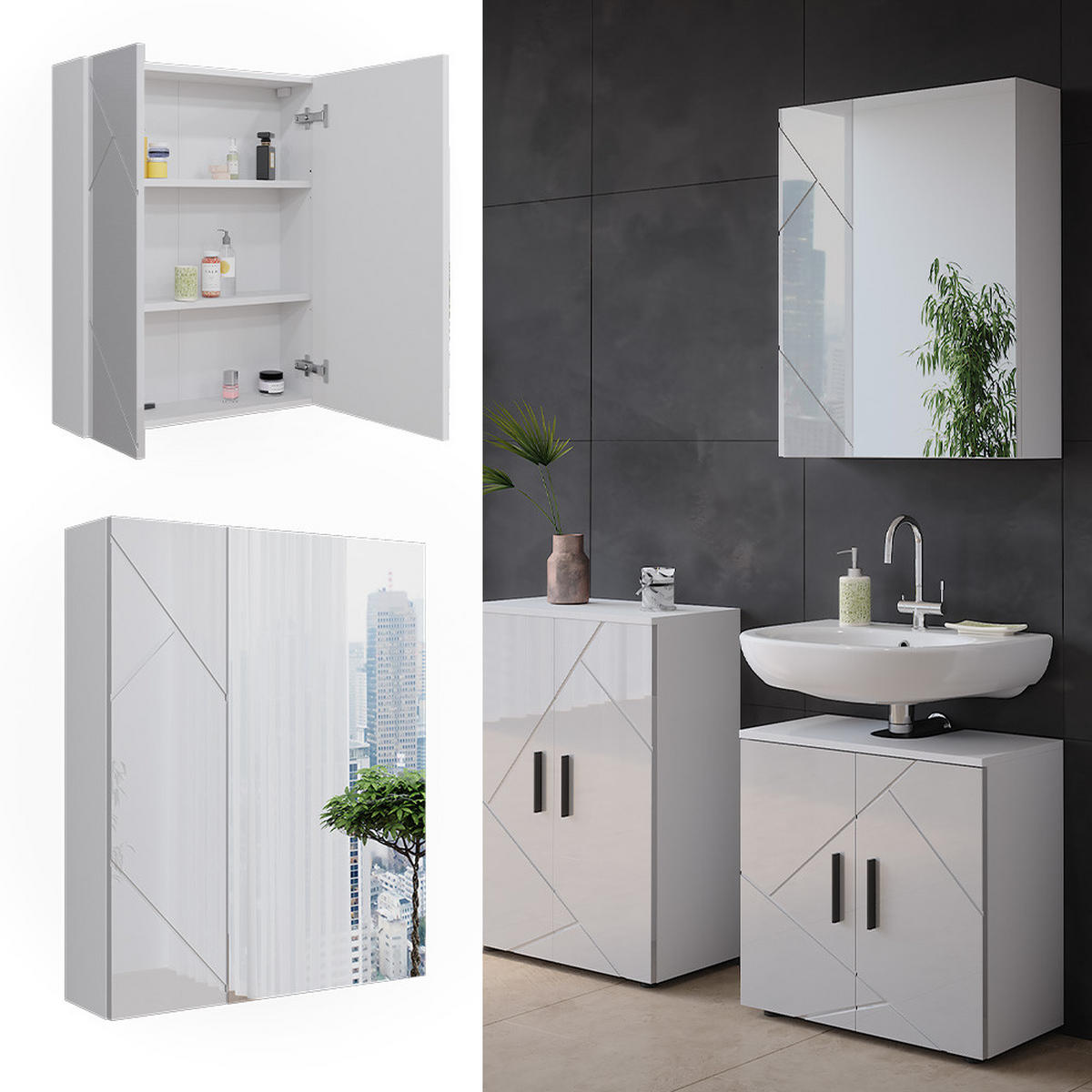 BADSPIEGELSCHRANK Irma Weiß Hochglanz 60 x 75 cm - Weiß Hochglanz/Weiß, Holzwerkstoff (60/75/17.2cm) - Vicco