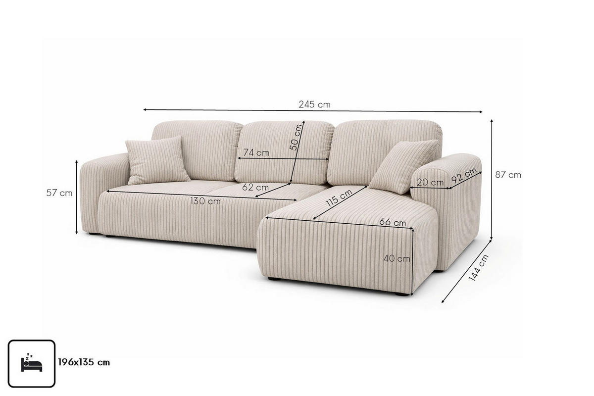 ECKSOFA Mit Schlaffunktion Und Bettkasten, Sofa L-Form Bingo L, Chenille-Stoff Artico, Beige, Rechts - Beige, Holz (245/144cm) - Kaiser Möbel