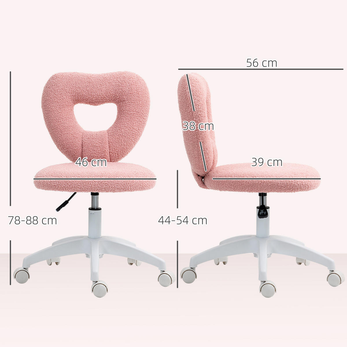 SCHREIBTISCHSTUHL Bürostuhl Drehbar Homeoffice Stuhl mit Herzförmige Rückenlehne - Rosa, Kunststoff (45/88/56cm) - HOMCOM