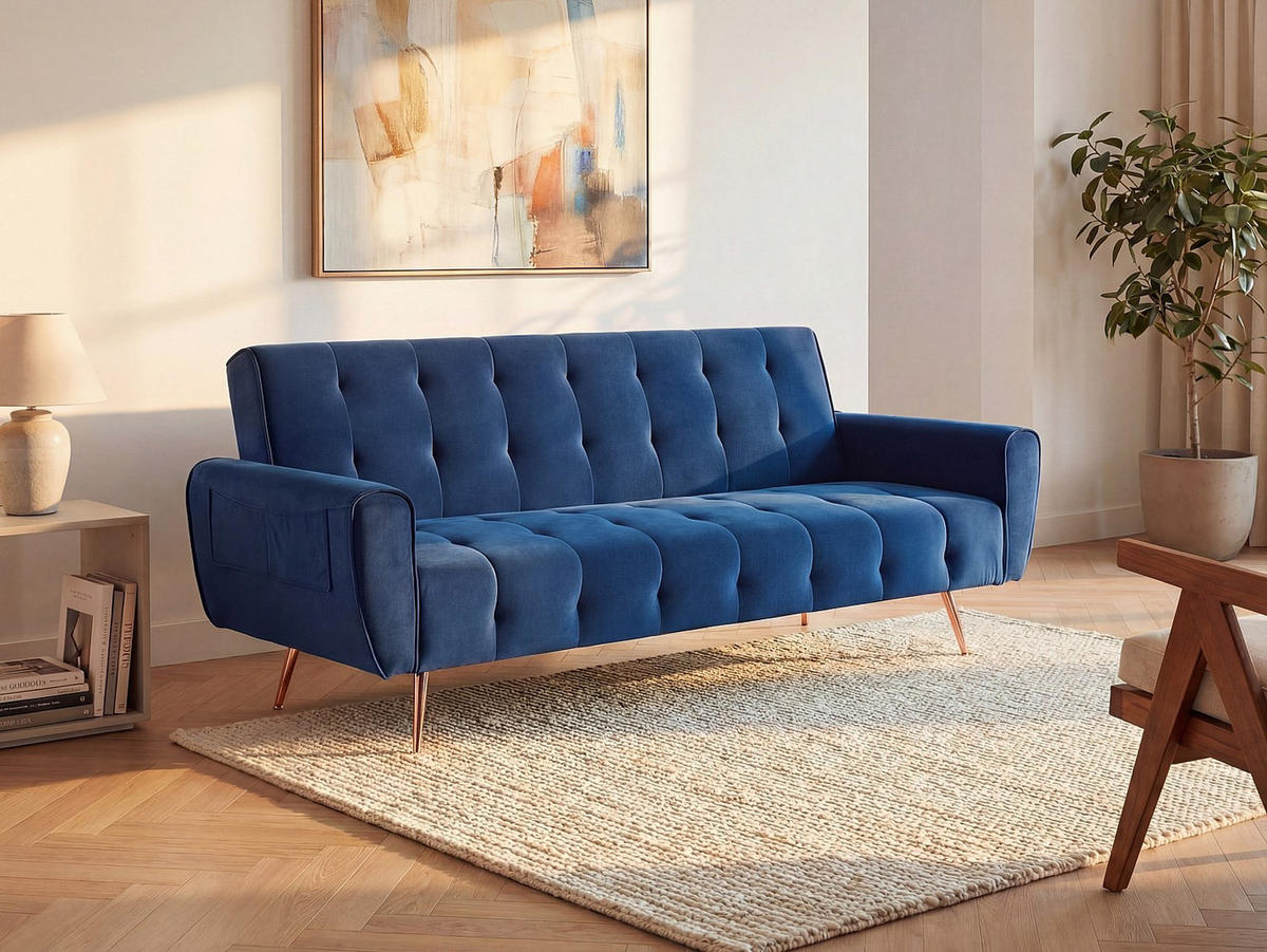 SCHLAFSOFA Klappsofa 3-Sitzer - Samt - Dunkelblau - POLANI - Blau, Textil (209/83/83cm) - Vente-Unique