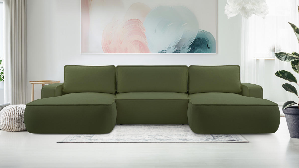 WOHNLANDSCHAFT Ablia Dunkelgrün 364/168/87 cm mit Schlaffunktion - Dunkelgrün/Schwarz, Kunststoff/Textil (364/87/168cm) - AX Living