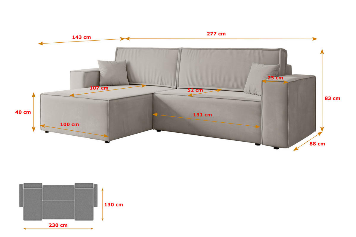 ECKSOFA mit Schlaffunktion und Bettkasten CELTIC-XL - 277x143x83 cm Hellbraun Velours - Hellbraun/Schwarz, Holzwerkstoff/Kunststoff (277/143cm) - ALTDECOR