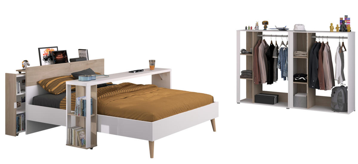 JUGENDZIMMER weiß, Eiche, Komplett-Set 5-teilig mit vielen Fächern - Eichefarben/Weiß, Holzwerkstoff (95/123/206cm) - Parisot Meuble