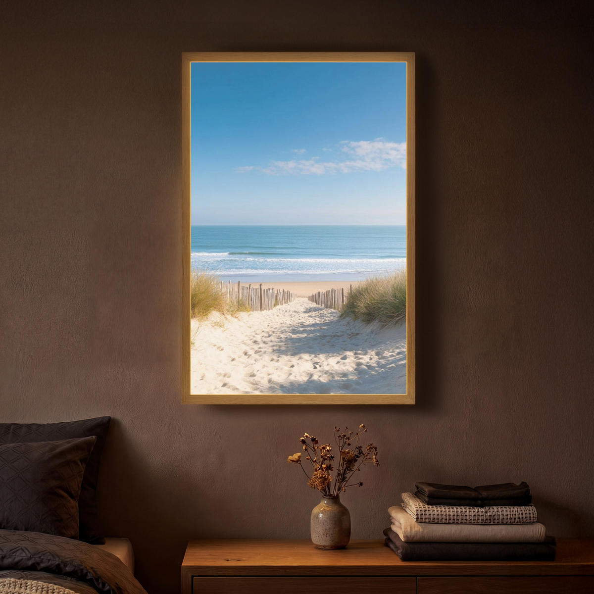 NÁSTĚNNÁ LAMPA S AKUMULÁTOREM Pláž - moře - duny - písek - léto 40x60 cm - písková barva, kompozitní dřevo (40/60/8cm) - OnlyWow