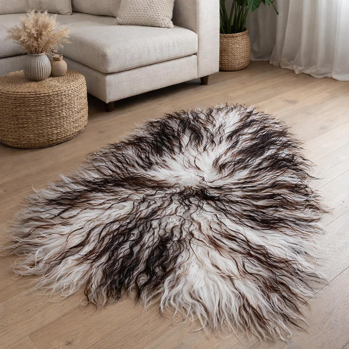 LAMMFELL Island Langhaar natur lockig weich Premium Braun Geflammt ca. 105 cm - Hellbraun, Fell (55/105cm) - Provellus