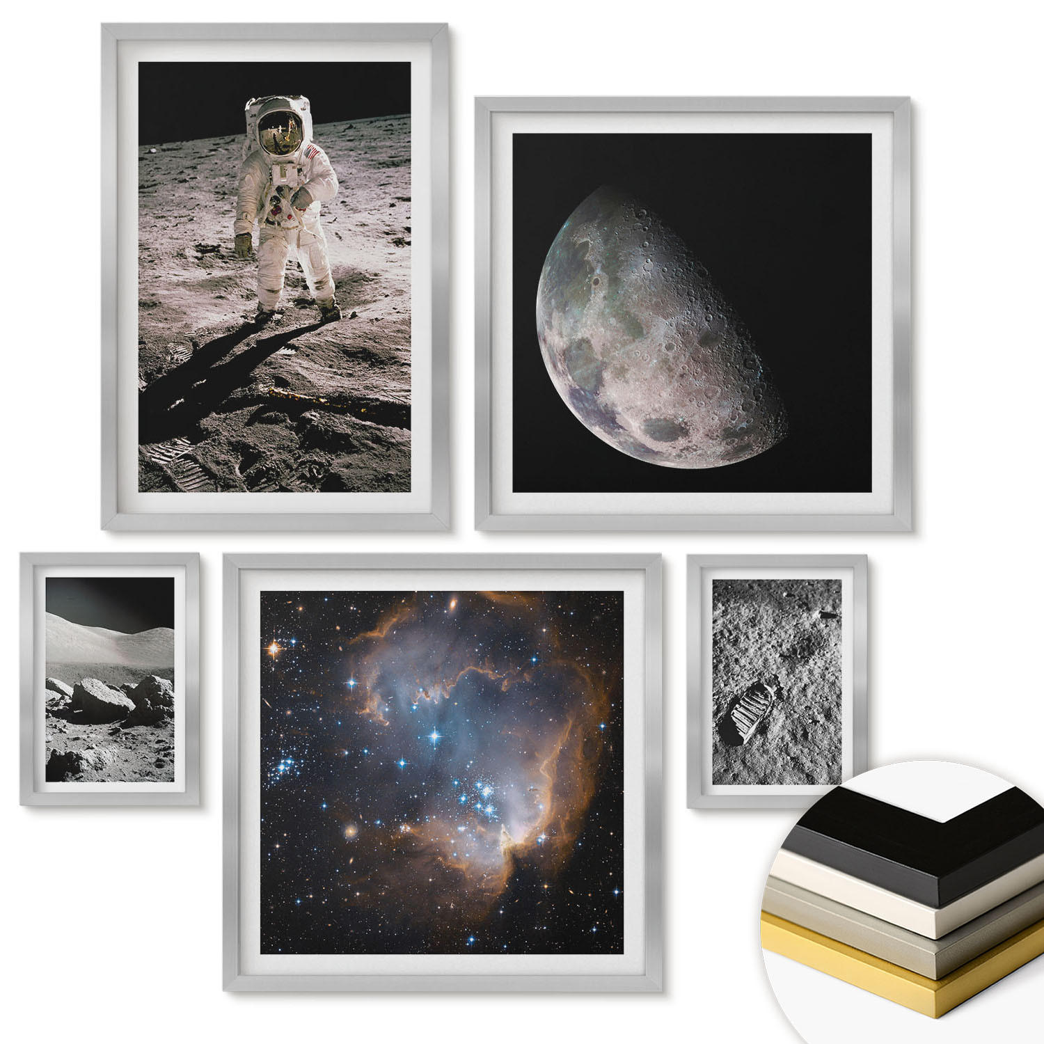 WANDBILDER 5er Set - 50x50 cm & 20x30 cm & 40x60 cm Silberner Rahmen - Astronautenfoto vom Mond - Silberfarben, Kunststoff (40/60cm) - ArtPrintCave
