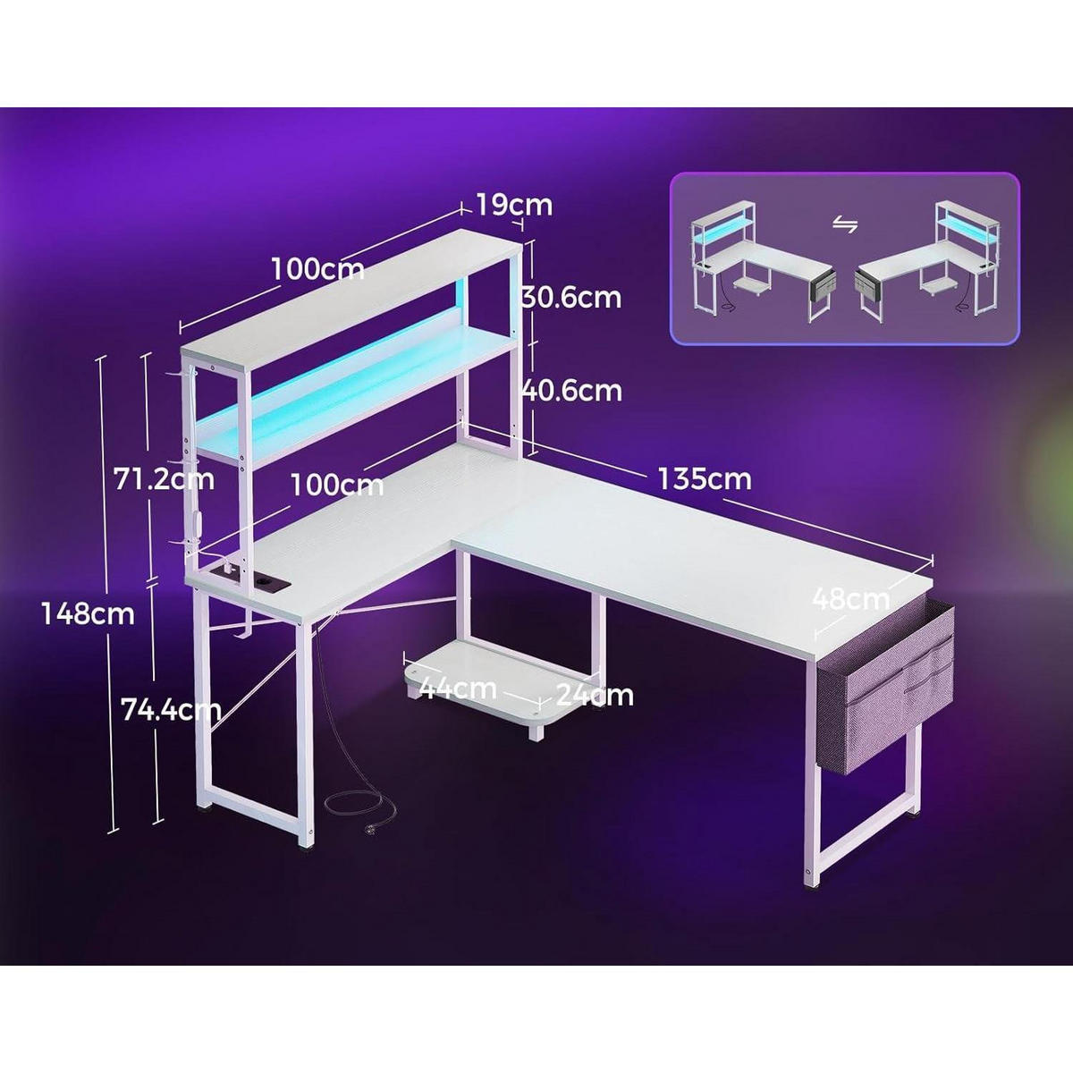 GAMING Tisch L-Form mit LED und Steckdosen 135 x 100 cm Weiß - Weiß, Holzwerkstoff (80/110/75.6cm)