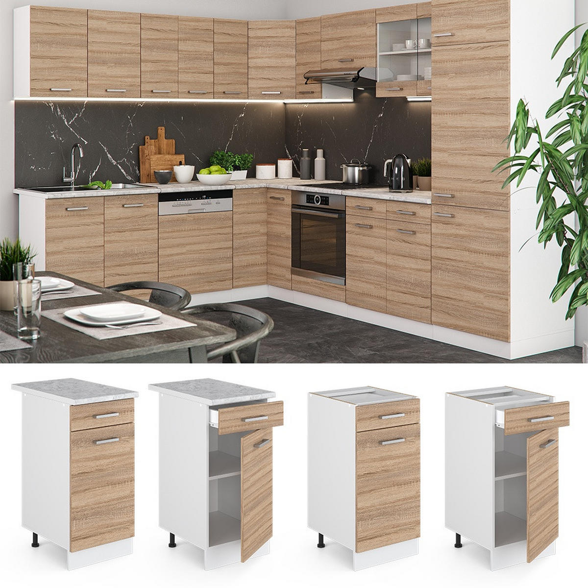 KÜCHENUNTERSCHRANK R-Line Sonoma 40 cm , AP Marmor - Weiß/Sonoma Eiche, Holzwerkstoff (40/81.6/60cm) - Vicco